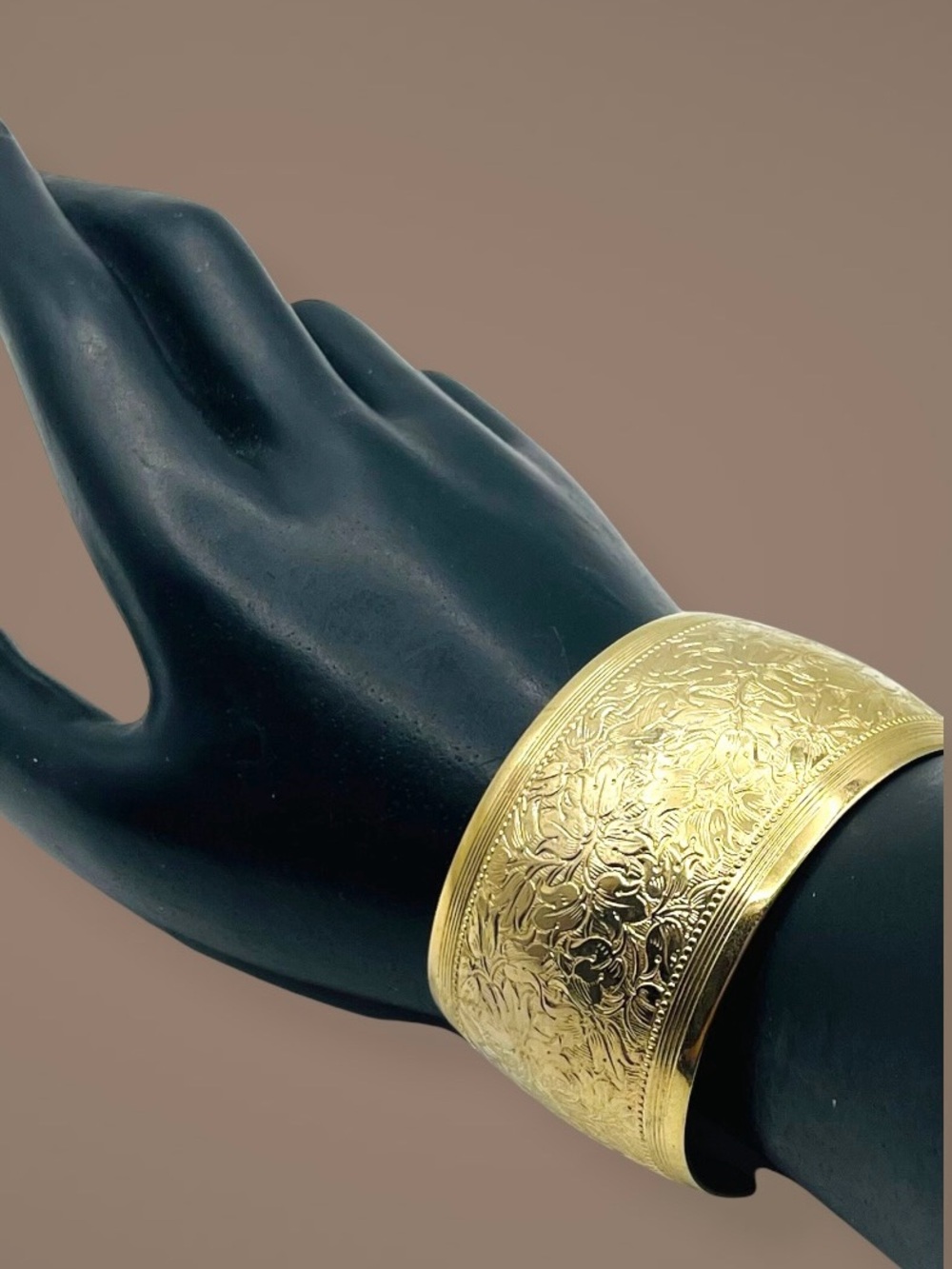 Ornate Floral Etched Wide Gold Tone Statement Cuff Bracelet
